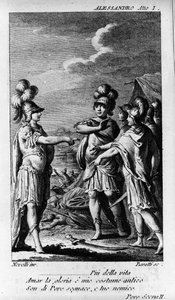 Szene des ersten Akts von „Alessandro nelle Indie“, Oper des Komponisten Niccolò Vito Piccinni (1728-1800) (1758) nach einem Libretto von Pietro Metastasio. Kupferstich aus dem späten 18. Jahrhundert von Unknown artist