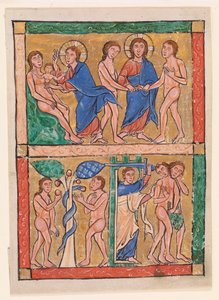 Szenen aus dem Buch Genesis: die Erschaffung Evas, die Hochzeit von Adam und Eva, die Versuchung und die Vertreibung