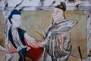 Szenen des Alltagslebens in China, Detail der chinesischen Tapete, chinesisches Kabinett, Jagdresidenz, von Filippo Juvarra (1678-1736), Stupinigi, Piemont, Italien