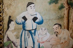 Szenen des Alltagslebens in China, Detail der chinesischen Tapete, chinesisches Kabinett, Jagdresidenz, von Filippo Juvarra (1678-1736), Stupinigi, Piemont, Italien