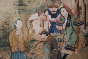 Szenen des Alltagslebens in China, Detail der chinesischen Tapete, chinesisches Kabinett, Jagdresidenz, von Filippo Juvarra (1678-1736), Stupinigi, Piemont, Italien
