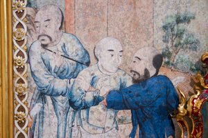 Szenen des Alltagslebens in China, Detail der chinesischen Tapete, Chinesisches Kabinett, Jagdresidenz, von Filippo Juvarra, Stupinigi, Piemont, Italien