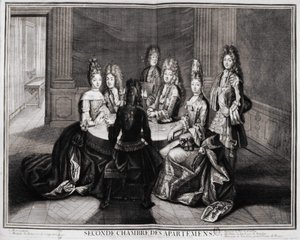 Zweiter Raum der Appartements (Versailles): 1. Monsignore, 2. Madame Prinzessin von Conty Witwe, 3. Monsieur der Herzog von Bourbon, 4. Madame die Herzogin von Bourbon, 5. Monsieur de Vendôme, Großprior von Frankreich. Gravur von Trouvain, frühes 18. Jahrh