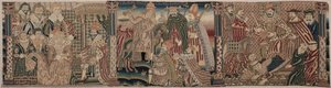 Abschnitt eines bestickten Frieses: Ahasverus und Esther, Der Papst tadelt den Kaiser, Heinrich VIII. tritt auf den Nacken des Papstes