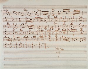 Notenblatt für die erste Geige in der Ouvertüre von Mithridate, König von Pontus, Oper von Mozart (1770)