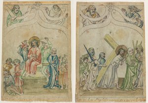 Einzelblatt aus einer "Biblia Pauperum": Christus mit Dornenkrone (recto) Christus trägt das Kreuz (verso)
