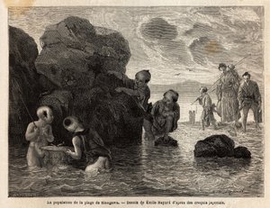 Kleine Fischereiaktivitäten an einem Strand in Sinagawa, Kinder planschen im Wasser und fangen Krabben und kleine Fische. Gravur zur Illustration der Reise nach Japan, in den Jahren 1863-1864, von Aime Humbert, Minister der Schweizerischen Eidgenossenschaf von Unknown artist