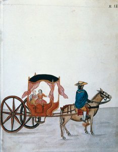 Spanische Frauen in einer von einem Indianer gezogenen Kutsche, aus dem Buch „Trujillo del Peru“ oder „Códice Martínez Compañón“ von Baltazar Martinez Compañón y Bujanda, Bischof von Trujillo (1782-1785)