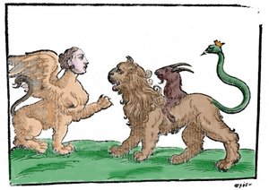 Sphinx gegen Chimäre nach Mythologiae sive explicationes fabularum von Natalis Comitis. Patavia 1637 von Unknown artist
