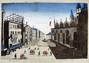 Platz der Kirche St. Markus und der Große Platz, abgeschlossen durch die Kirche St. Geminian in Venedig. Gravur aus dem 18. Jahrhundert von Unknown artist