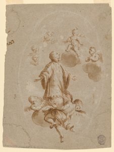 Der heilige Aloysius Gonzaga wird vom Christkind im Himmel empfangen