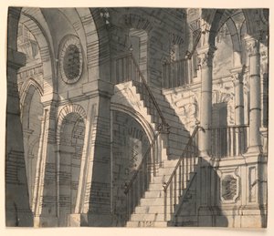 Bühnenbild, steinerner Innenraum mit Treppe