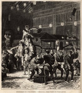 Straßensaltimbanques: Jongleure, Balancierer und Akrobaten, bei Nachtvorstellungen, auf der jährlichen Asaksa-Messe, Tokio-Tempel. Gravur zur Illustration der Reise nach Japan, von Aime Humbert, Minister der Schweizerischen Eidgenossenschaft, 1863-1864, ve