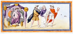Talthybios und Eurybates nehmen die Jungfrau Briseis vor Achilles, der im Zelt der Myrmidonen steht. Ilias Gesang I, V 345. Gravur aus dem späten 18. Jahrhundert.