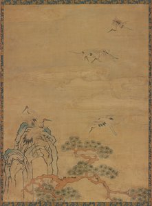 Wandteppich mit Kranichen, Felsen, Kiefern und Wolken