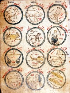 Die 12 Tierkreiszeichen - in „Astrologicae tabulae et cabalisticae“, frühes 15. Jahrhundert.