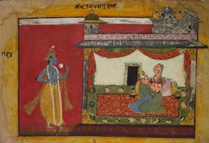Das Herannahen von Krishna. Seite aus einer Rasamanjari von Unknown artist