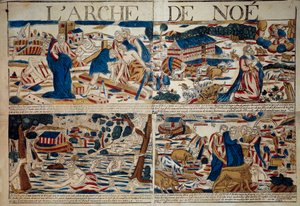 Die Arche Noah: Der Bau der Arche, Noah erhält die Ankündigung der Sintflut, die Sintflut, die nach der Sintflut geretteten Tierarten von Unknown artist