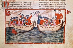 Die Schlacht von Meloria, die in der Besetzung Korsikas durch Genua gipfelte. 1284. Manuskript. Biblioteca Vaticana