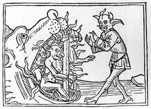 Der Belial-Prozess: „Der Belial-Dämon kehrt zum Eingang der Unterwelt zurück“ Gravur aus „Der Belial-Prozess“ von Jacobus de Teramo (oder Palladino), Augsburg von Unknown artist