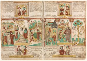 Die Bibel der Armen (Biblia Pauperum), Pharaos Armee ertrinkt im Roten Meer; Taufe Christi; und Moses