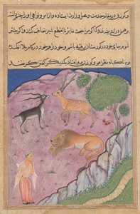 Der Brahmane trifft auf einen Löwen, der einen Hirsch und eine Gazelle als seine Wesire hat, aus einem Tuti-nama (Geschichten eines Papageis): Einundzwanzigste Nacht