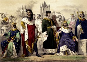 Die Kapetinger von 1270 bis 1322. Philipp III. der Kühne, Philipp IV. der Schöne, Ludwig X. der Zänker, Philipp V. der Lange, Karl IV. der Schöne. Gravur des 19. Jahrhunderts von Unknown artist