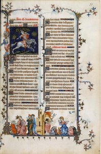 Der dänische Prälat und Staatsmann Absalon oder Axel (1128-1201), der Dänemark von Piraten befreite, stirbt aufgehängt an einem Baum. Darunter eine Allegorie des Wahnsinns, der Prophet Daniel erklärt seinen Traum König Nebukadnezar. Rechts, Szene des Sakra