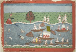 Der Dämon Sambar wirft den Säugling Pradyumna in den Fluss, Seite aus einem verstreuten Bhagavata Purana Manuskript
