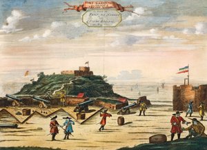 Das niederländische Fort Nassau auf der Insel Gorée, Senegal, Gravur. Afrika