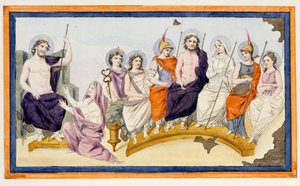 Die Götter des Olymp und links Thetis, die Mutter von Achilles, kniet vor Zeus (Jupiter), um ihn zu bitten, ihrem Sohn gegen Agamemnon zu helfen und die Trojaner zu unterstützen. L