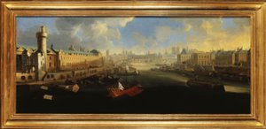 Die Grande Galerie des Louvre, mit der Porte Neuve, der Pont-Neuf, der Cité, dem Collège des Quatres-Nations im Bau und dem Quai Malaquais, um 1665, zwischen 1665 und 1670