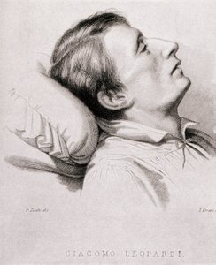 Der italienische Dichter Giacomo Leopardi (1798-1837) auf seinem Sterbebett. Gravur des 19. Jahrhunderts