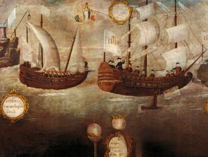 Die Jesuiten kommen mit dem Schiff vor der Küste von Neugranada an