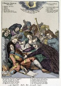 Der König fiel in Ohnmacht und die Höflinge umringen ihn, trauern: Spott über die Revers von Ludwig XIV. in den Niederlanden und Italien im Jahr 1706