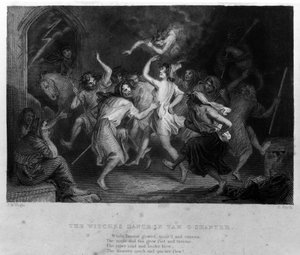 Die Legende von Cutty Sark nach dem Gedicht von Robert Burns: der Hexentanz. Gravur aus dem 19. Jahrhundert