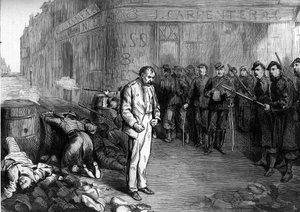 Die Pariser Kommune 1871. Ein gefangener Föderierter (Kommunarde) an der Ecke der Straßen Montmartre und Aboukir wird dem Feuer einer Barrikade ausgesetzt, die die Föderierten errichtet haben. Seine Kameraden hatten die Barrikade verlassen, er konnte flieh