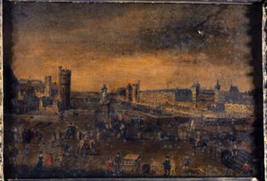 Der Pont-Neuf, gesehen vom Eingang zur Place Dauphine, dem Hôtel de Nevers, dem Tour de Nesle, der Grande Galerie, mit der Porte Neuve und dem Louvre, circa 1640, heutige 1. und 6. Arrondissements, zwischen 1635 und 1645 von Unknown artist