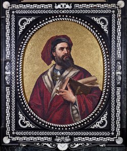 Der venezianische Entdecker Marco Polo hält unter seinem Arm das Werk 