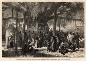 Die Annamiten der Garnier-Eskorte geben eine improvisierte Vorstellung für ihre Landsleute in Lakon (Laos), nachdem sie ein kleines Puppentheater am Fuße eines Banyanbaums mit einem riesigen Stamm aufgebaut haben. Gravur zur Illustration der Entdeckungsrei