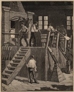 Die Kunst des Glases: Glasarbeiter stellen Glas nach der französischen Methode her. Gravur von 1885 in „Les arts et metiers illustres“ von Adolphe BITARD
