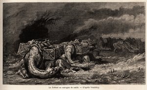 Die Kamelkarawane in einem Sandsturm namens Tebbad. Zeichnung von Emile Bayard (1837-1891), zur Illustration der Reise nach Zentralasien, 1863, von Arminius Vambery (ungarischer Wissenschaftler verkleidet als Derwisch). Gravur in „Le tour du monde“, heraus