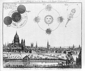 Die Ursache von Finsternissen und die Bewegung der Erde. Die Sonnenfinsternis, wie sie am 14. Juli 1748 in London von Jos Walker beobachtet wurde. Gravur von 1748 von Unknown artist