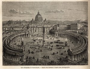 Die Kolonnaden des Petersdoms im Vatikan, von Bernini (1598-1680) im Jahr 1655 auf einem elliptischen Plan errichtet, der zu einem Gemeinplatz der barocken und Rokoko-Architektur wurde. Illustration der Reise nach Rom, von Francis Wey, 1864-1868, veröffent