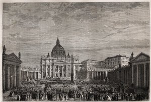 Die Menge strömte auf den Petersplatz im Vatikan, um den großen Ostersegen von Papst Pius IX. (1792-1878) zu empfangen. Gravur zur Illustration der Geschichte der Karwoche in Rom, 1863, von Ludovic Celler, in „Le tour du monde, nouveau journal des voyages“