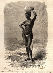 Die Tochter eines Marabouts aus Oualet (Mauretanien), trägt eine Schale auf dem Kopf, um schwarze Seife herzustellen. Gravur zur Illustration der Reise in den westlichen Sudan von Leutnant (Marine) M. Mage, 1863-1866, veröffentlicht in „Le tour du monde, n von Unknown artist