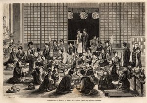 Der Speisesaal des Yokohama-Theaters ist ständig gefüllt, selbst während der Aufführung. Gravur zur Illustration der Reise nach Japan, von Aime Humbert, Minister der Schweizerischen Eidgenossenschaft, 1863-1864, veröffentlicht in „Le tour du monde“, unter 