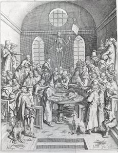 Die Sektion. Gruppe von Ärzten und Wissenschaftlern versammelt, um eine Sektion in einem Amphitheater zu verfolgen. Gravur von 1788 von Unknown artist