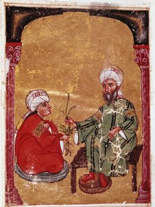 Der Arzt und Botaniker Pedanius Dioscorides (40-90 n. Chr.) sitzt mit einem seiner Schüler. Miniatur aus seinem Traktat „De materia medica“ (ms Ahmed III, 2147, Folio 217a) 1229. Topkapi Sarayi Museum Bibliothek, Istanbul