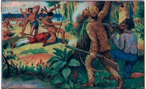 Der Kampf mit den Wilden. Illustration für das Buch von Daniel Defoe „Robinson Crusoe“. Chromolithographie aus dem späten 19. Jahrhundert